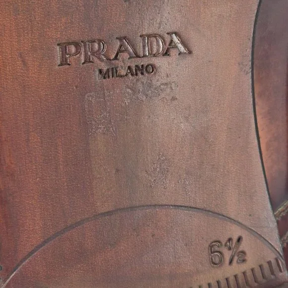 Prada Italy Mens 7.5 Distressed Brown Leather Wingtip Derby Oxfords Dress Shoes - Picture 13 of 13
